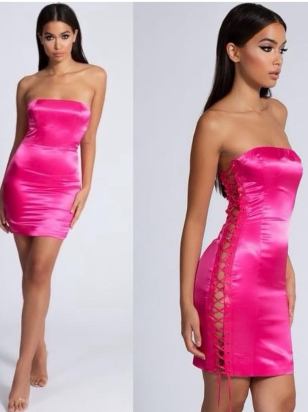 NWT MESHKI Theresa Lace Up Side Satin Midi / Mini Dress Hot Pink Medium